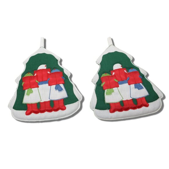 Vintage Embroidered Christmas Tree Carollers Padded Potholders Holiday Set of 2 - Picture 8 of 8